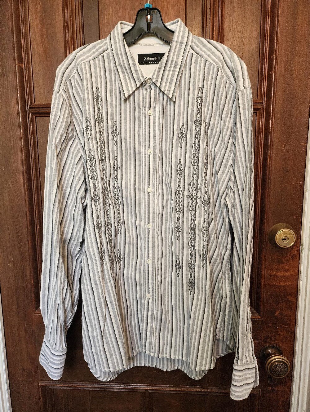 NWOT-J. Campbell Black, Gray & White  Striped Embroidered Mens Shirt-XL